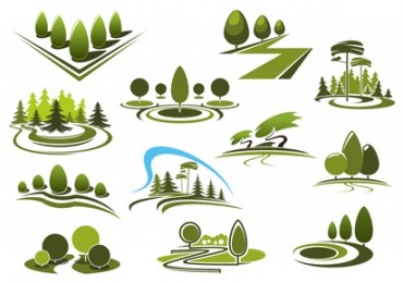 Green park, garden and forest landscape icons